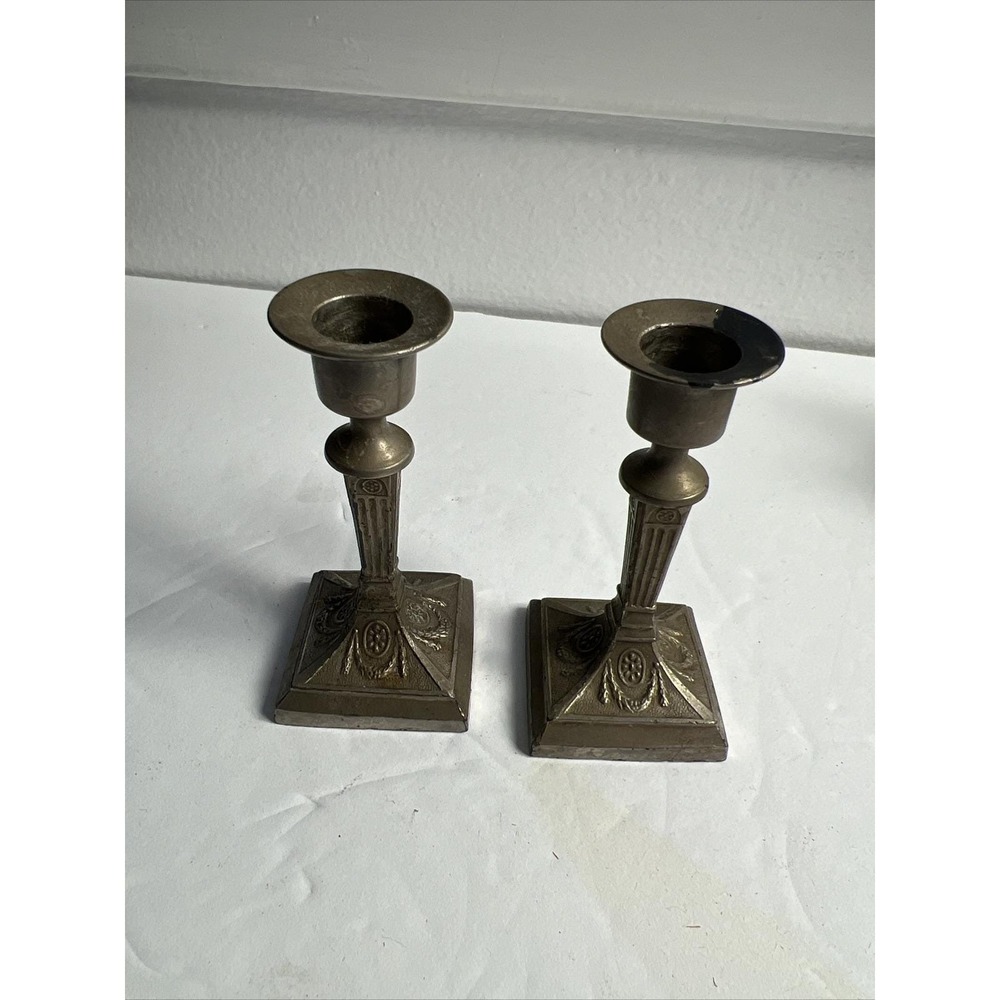 Antique Set 2 Miniature Candlestick Garden Brass Made In Germany See Pics